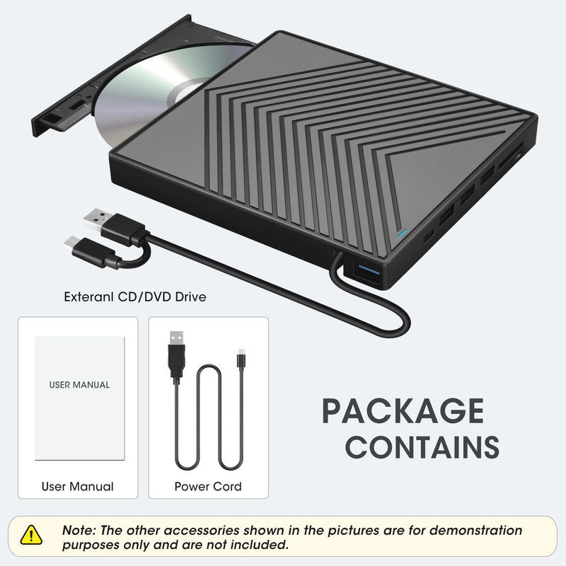 ROOFULL External CD DVD Drive with 4 USB Ports & 2 SD/TF Card Slot (8 in 1) | USB 3.0 Type-C Slim CD DVD Player Burner Reader Writer Optical Disk Drive for Laptop PC, Windows 11/10/7 Linux Mac OS, UL41-Y 8x1 Drive (Slim)