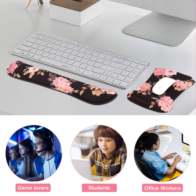 iCasso Keyboard Wrist Rest and Mouse Wrist Rest Pad, Made of Memory Foam, Ergonomic Support, Easy Typing and Relieve Wrist Pain, Perfect for Gaming, Computer, Office, Laptop - Peony T-peony