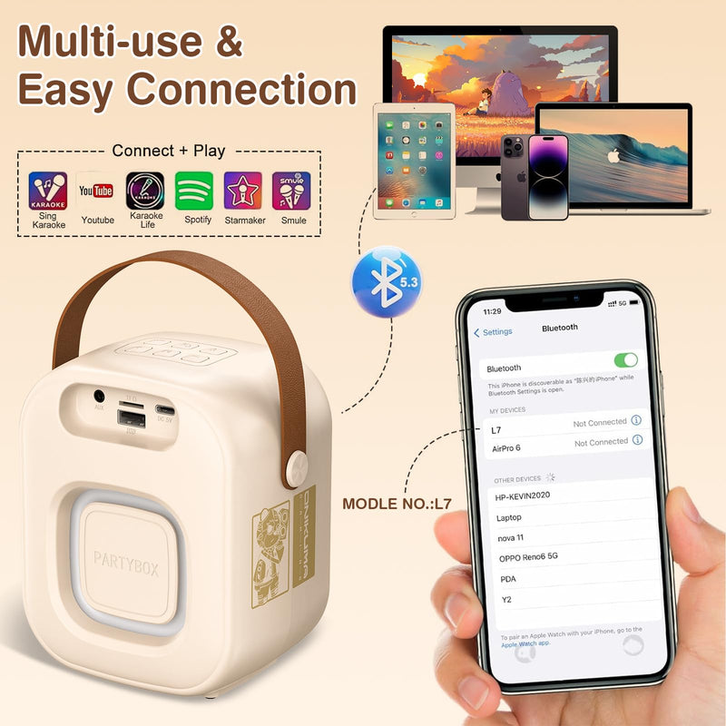 Mini Karaoke Machine with Two Wireless Microphones, Portable Bluetooth Speaker for Adults and Kids, Karaoke Microphone with LED, Speaker Supports for TF Card/USB, AUX in (Beige) Beige