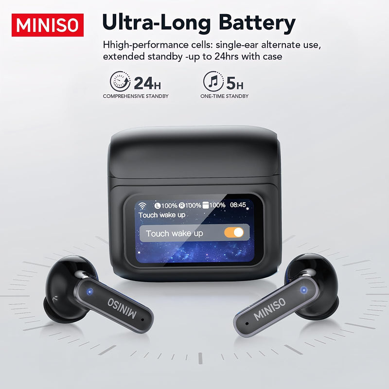 MINISO MS128 ANC Bluetooth 6.0 in-Ear Earbuds Touch Screen Charging Case | Adaptive Noise Cancellation HD Call Mic, IPX5 Sweatproof, 24H Long Playtime Ergonomic Fit for Commute Travel Sports Daily Use Black