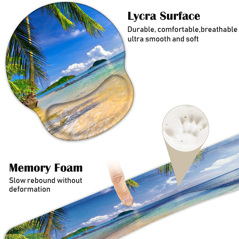 Keyboard Wrist Rest and Mouse Pad Wrist Support Set with Coasters, Non-Slip PU Base Ergonomic Gaming Mousepad for Home Office Working Studying Easy Typing & Pain Relief, Shore Palms Tropical Beach