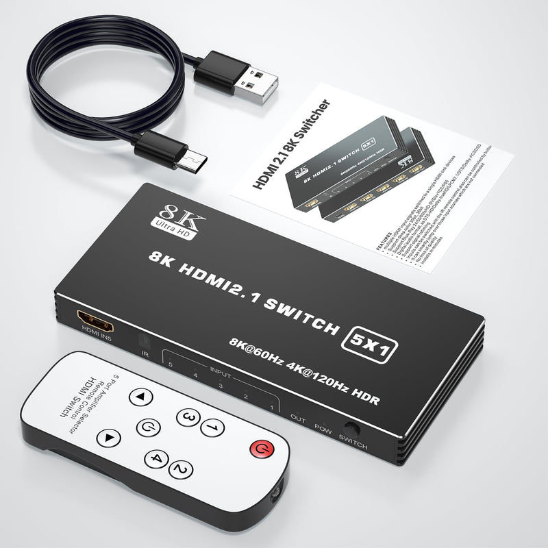 HDMI 2.1 Switch 5x1, 8K HDMI Switch 5 in 1 Out, Support 8K/60Hz 4K/120Hz HDCP 2.3 HDR10, 5-Port HDMI Switcher Selector Box Compatible with PS3/4/5, Fire Stick, DVD, Xbox Switch and Other HDMI Devices 8k 5 in 1 out