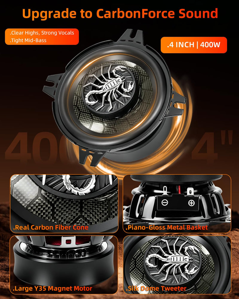 CarbonForce 4 Inch Speakers, 400W Peak 4 Ohm 4 Inch Car Speakers, 4in 2-Way Coaxial Speakers with Honeycomb Carbon Fiber Cone, N48 Tweeter for Door & Dash, 2 Pack Black