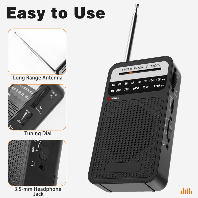 Portable Radio AM FM, Goodes Transistor Radio with Loud Speaker, Headphone Jack, 2AA Battery Operated Radio for Long Range Reception, Pocket Radio for Indoor, Outdoor and Emergency Use Black