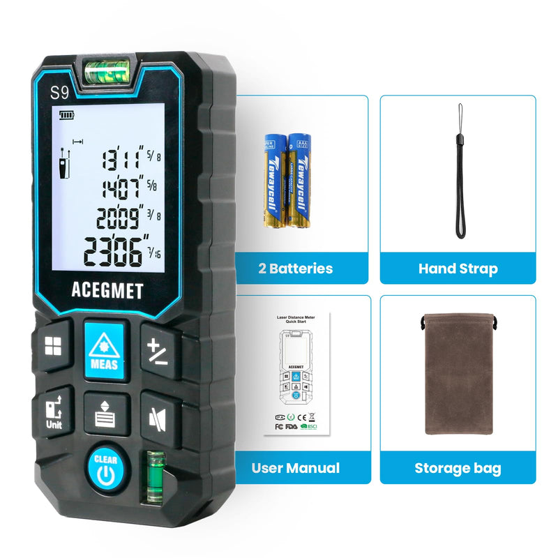 [AUSTRALIA] - ACEGMET Laser Measure, 393ft/120m Laser Measurement Tool, Laser Measuring Tool with 2 Bubble Levels, LCD Backlit Display, IP54 Waterproof, Pythagorean Mode for Distance, Area, Volume 