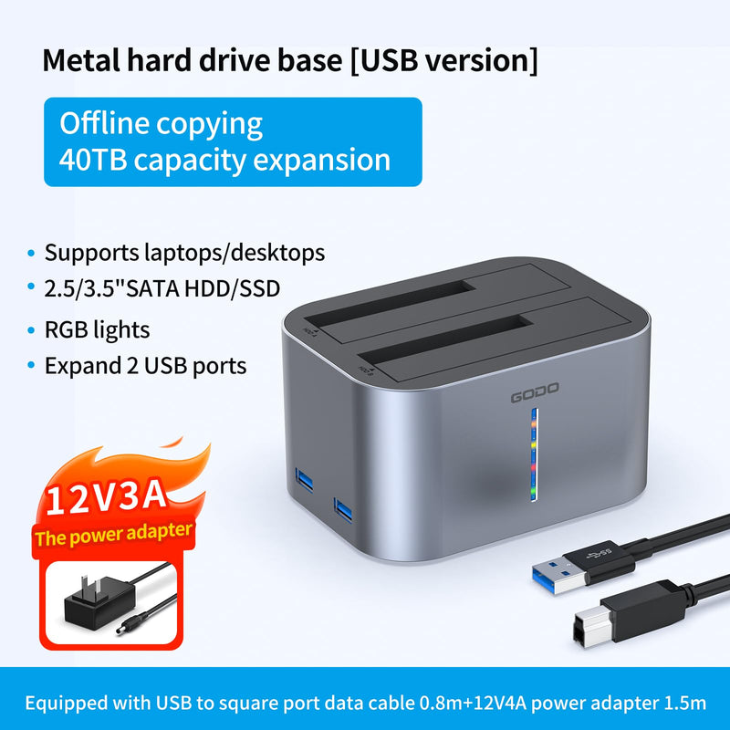 GODO 2.5/3.5" SATA Dual-Bay HDD Dock, USB 3.0 Hub, Clone, 20TBx2 Aluminum | Dual USB 3.0 Expansion Ports, Offline Clone Without PC, 5Gbps Transfer, Tool-Free Installation, Hot Swappable, LED Indicator
