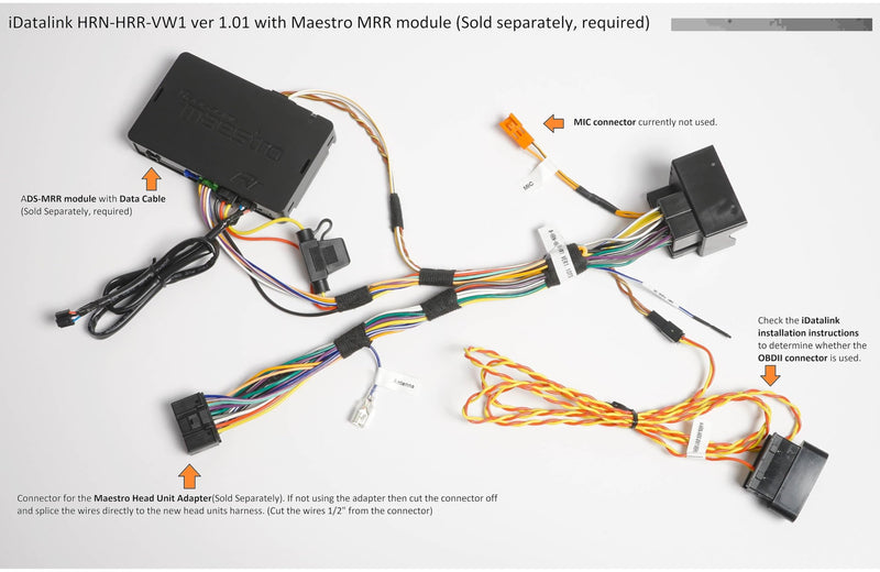 Idatalink Maestro HRN-HRR-VW1 T-Harness for Select Volkswagen Vehicles 2002-16, Replace the Factory Radio While retaining Steering Wheel Controls & use of amp (ADS-MRR or ADS-MRR2 Module Required)