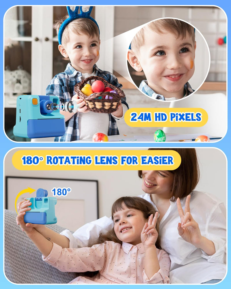 [AUSTRALIA] - Kids Camera Instant Print, Christmas Birthday Gifts for Toddle Girls Boys Age 3-12, 20MP & 1080P Selfie Digital Camera with 3 Roll No-Ink Print Paper 32G SD Card - Blue 