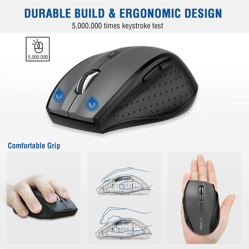 Wireless Mouse, E-YOOSO Computer Mouse 5 Adjustable DPI 6 Buttons Cordless Mouse Wireless Optical Mice with USB Nano Receiver, 2.4G Portable Ergonomic Wireless Mouse for Laptop/Windows/Mac/Office PC Grey