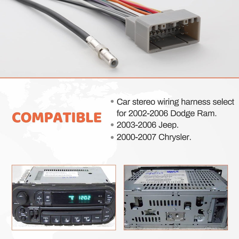 Car Radio Wiring Harness w/Antenna Adapter Connector Fits for 2002-2007 Dodge Ram, 2003-2007 Jeep, 2000-2007 Chrysler Aftermarket Install Stereo Cable Antenna Connector Plug