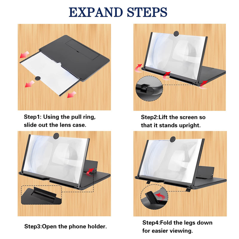 12" Screen Magnifier for Smartphone 3D HD Mobile Phone Screen Magnifier Video Expandable HD Screen Foldable for Watching Movies Videos, Playing Games, for All Smartphones（Blak）