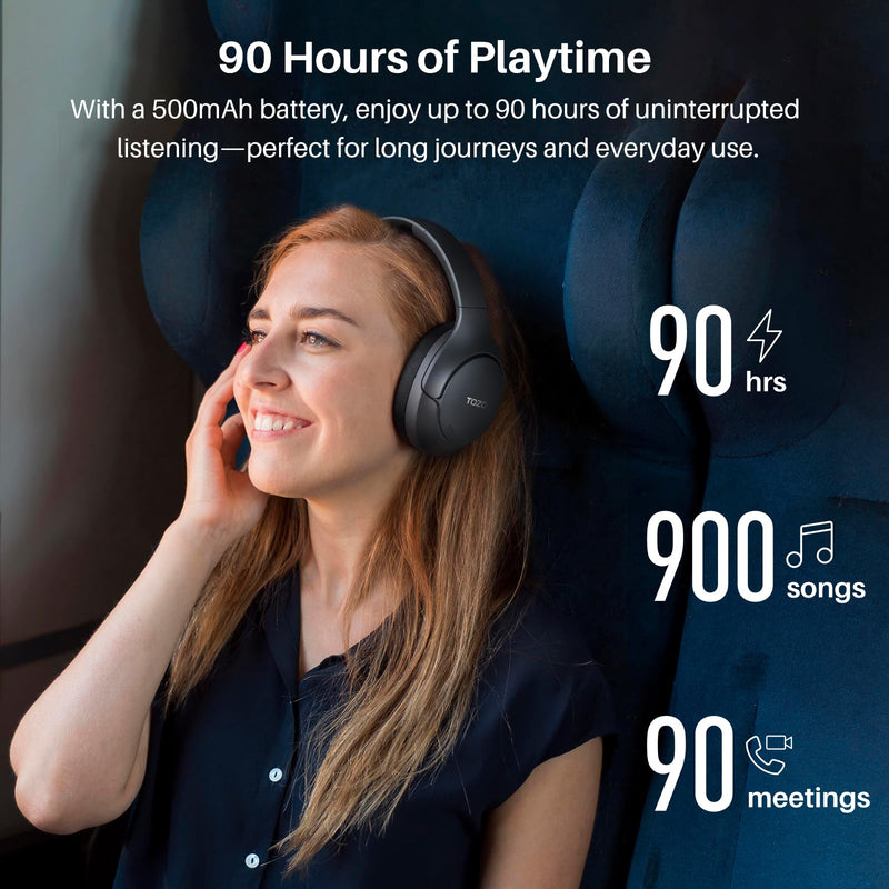 TOZO HT3 Hybrid Noise Cancelling Wireless Headphones, 90H Over Ear Headset | Hi Res Audio, AI Voice Assistant, Dual Device Connection, 32 Custom EQs, Built In 5 Mics, ANC, Foldable with Case Black Headphones with Case