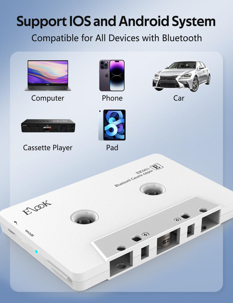 Elook Car Audio Receiver, Bluetooth Cassette Receiver Tape Aux Adapter Player with Bluetooth 5.0, White
