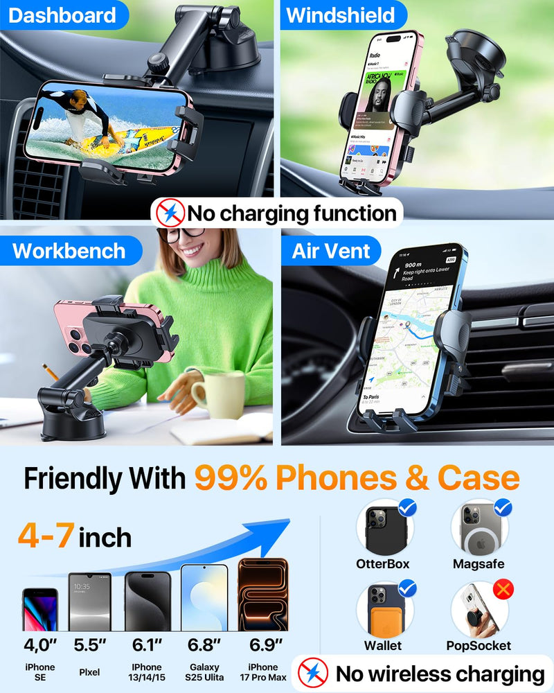 HTU Ultimate Best【Military-Grade & Safety Cert】 Universal Car Phone Holder | Cell Phone Car Mount Truck Car Mount for Dashboard Windshield Air Vent for iPhone 17 16 Pro Max, Samsung, 2pcs, Black