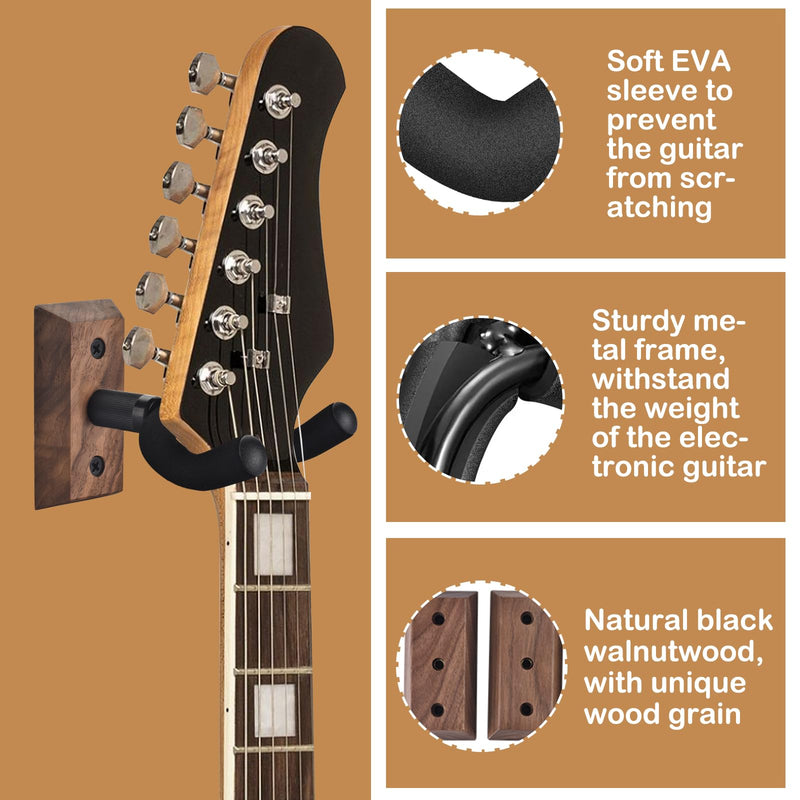 DOMMI Guitar Wall Mount 3 Pack, Wooden Guitar Hanger, Guitar Accessories Guitar Holder with Soft U-Shaped Guitar Hook, Guitar Wall Hangers for Acoustic Guitar, Electric Guitar, Bass, Black Walnut