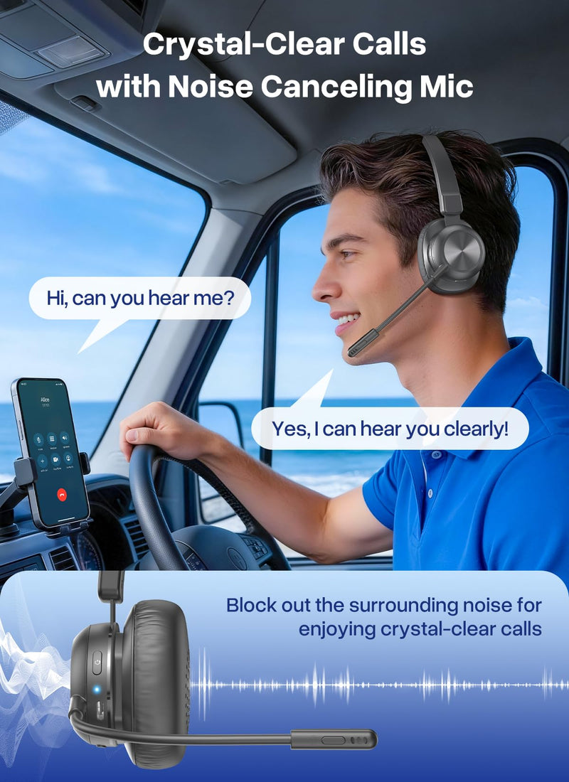 Trucker Bluetooth Headset, Wireless Headset with Microphone | USB Dongle, On Ear Bluetooth Headphones with AI Noise Cancelling 50H Playback Mute Button for Truck Driver Office Work, Ash