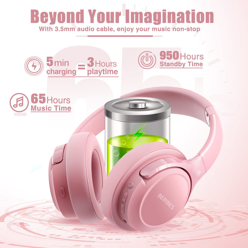 [AUSTRALIA] - Bluetooth Wireless Headphones Over Ear,BERIBES 65H Playtime and 6 EQ Music Modes with Microphone, HiFi Stereo Foldable Lightweight Headset, Deep Bass for Home Office Cellphone PC Etc.(Pink) Pink 