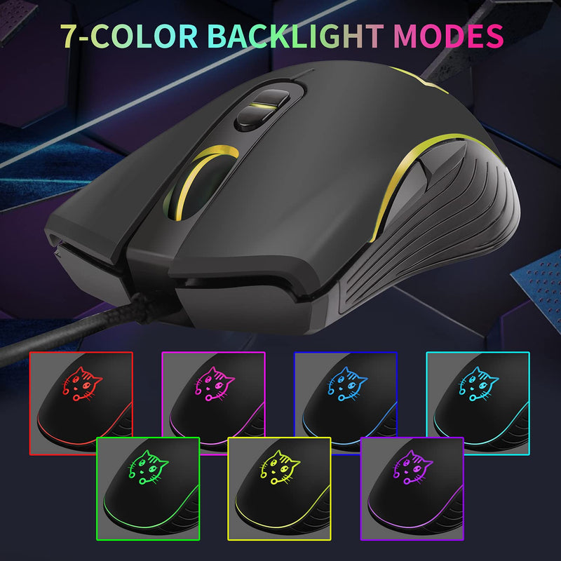 Gaming Mouse,7 Colors Backlit Optical Game Mice Ergonomic USB Wired with 2400 DPI and 6 Buttons 4 Shooting for Computer/Win/Mac/Linux/Andriod/iOS. (Black) Black