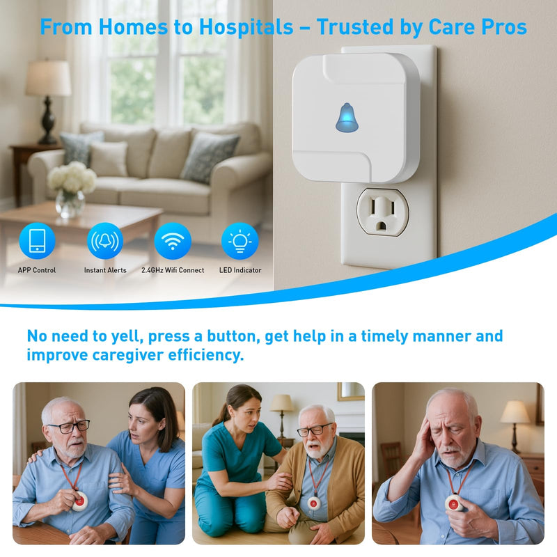 [AUSTRALIA] - WiFi Caregiver Pager System with Emergency Button for Elderly - 1 SOS Alert Watch + 2 Wireless Call Buttons + 1 Receiver for Seniors Patient Disabled Kids (2.4GHz WiFi, No Monthly Fee) 2+1+1 White 02 