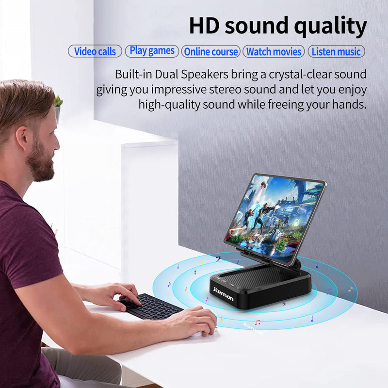 [AUSTRALIA] - JTEMAN Tablet Stand Adjustable with Bluetooth Speakers,Kitchen Gadgets,Gifts for Women Men,Wireless Bluetooth Speaker Tablet Holder,Desk Mic Charging Sation Compatible with Phones and Tablet Silver Black 