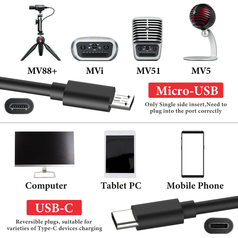 GEEKRIA for Creators USB C to Micro USB Microphone Cable 1.6 ft / 50 CM, Compatible with Shure MV7, MV88+, MV5, MV51, MVi, Mic Cord (Black)