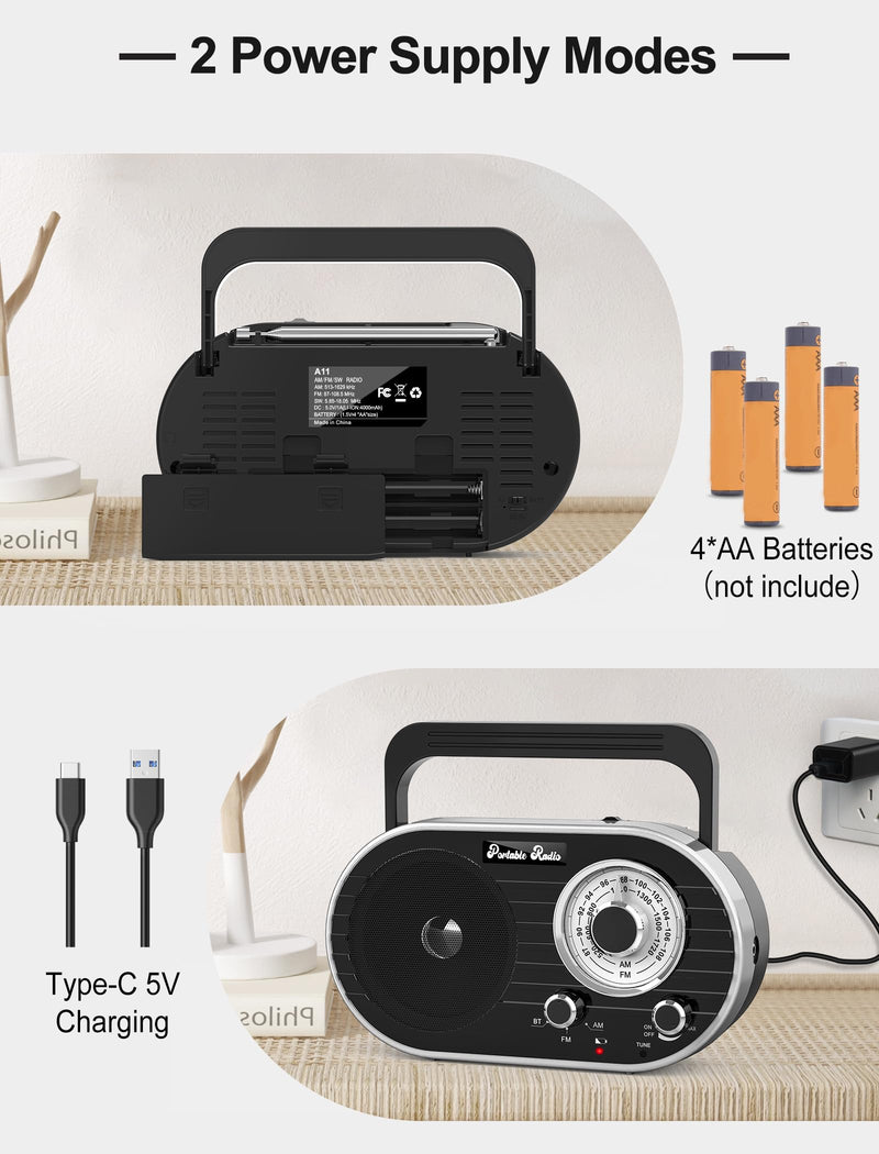 [AUSTRALIA] - Portable AM FM SW Radio with Bluetooth,4000mAh Rechargeable Radio with Big Speaker,Flashlight,Large Knob,Earphone Jack,4 AA Battery Operated Radio,Transistor Radio with Best Reception for Home&Outdoor 