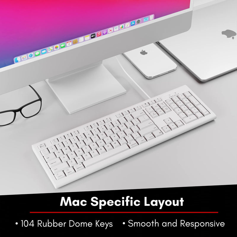 Macally Full-Size USB Wired Keyboard for Mac Mini/Pro, iMac Desktop Computer, MacBook Pro/Air Desktop w/ 16 Compatible Apple Shortcuts, Extended with Number Keypad, Rubber Domed Keycaps - Spill Proof white