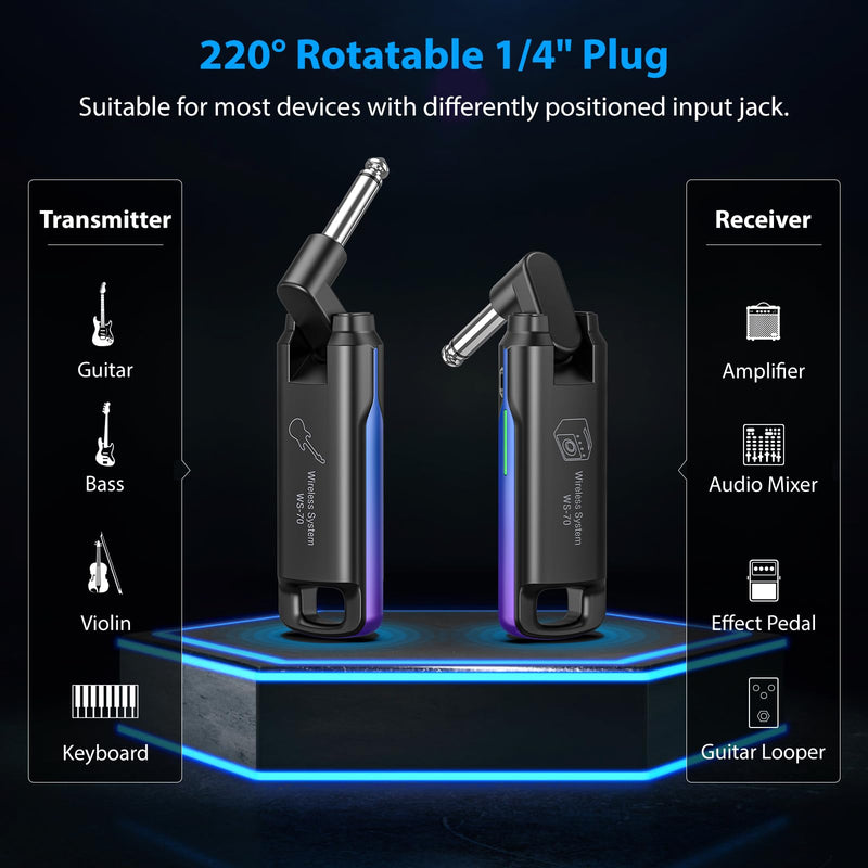 LEKATO Wireless Guitar System UHF Wireless Guitar Transmitter Receiver Rechargeable Audio Wireless Guitar Transmitter and Receiver with 70 Channels Wireless for Guitar Bass Electric Instruments (Blue) Blue