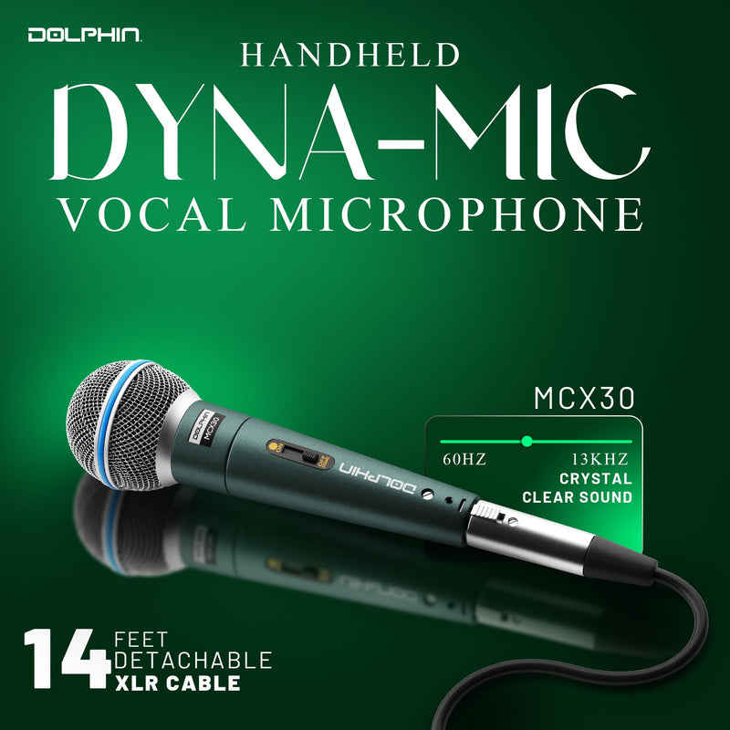 Dolphin MCX30 Handheld Dynamic Vocal Microphone, HQ Direct Connection Audio 1/4, Durable, Crystal Clea Sound, Detachable 14ft XLR Cable, Mic Stand Clip, & Carry Case
