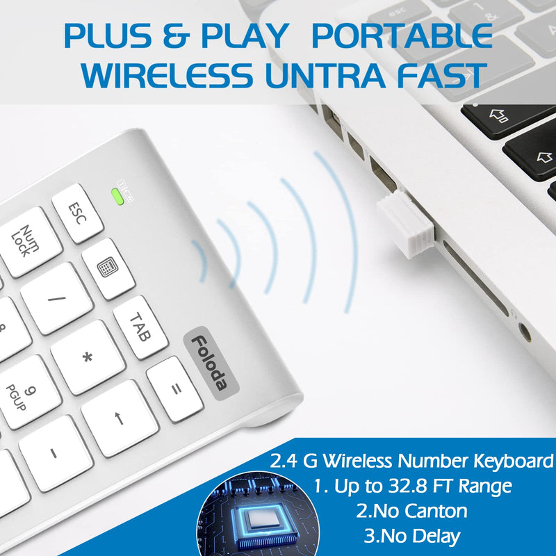 Wireless Number Pad, Portable 2.4Ghz USB 10 Keys Financial Accounting Numeric Keypad Data Entry Numpad for Laptop, PC, Desktop White