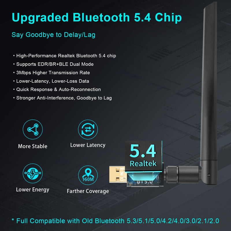 [AUSTRALIA] - Long Range Bluetooth 5.4 Adapter for PC, Wireless USB Dongle External Antenna for Windows 11 10 8.1 7 Linux Laptop Desktop Computer, Pair with Bluetooth Headset Speaker Mice Keyboard Printer Latest BT5.4-Detachable Antenna-BT548 