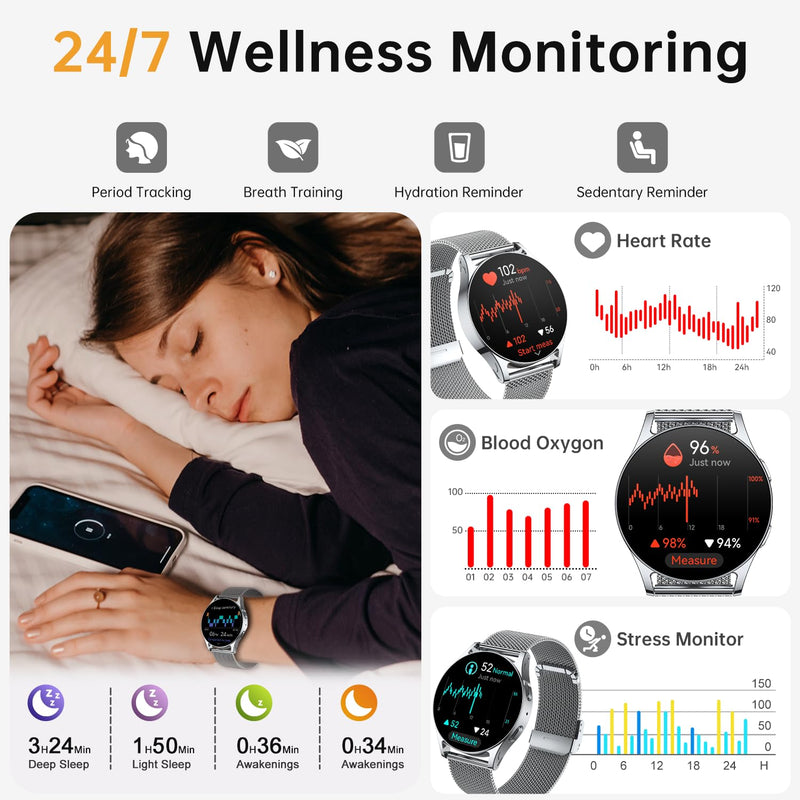 Smart Watch for Women, 1.32" AMOLED Smartwatch with AI Voice Assistant & Translator, Fitness Tracker with Heart Rate Sleep SpO2 Monitor, Bluetooth Call, 153 Sports, IP68, iOS Android Silver