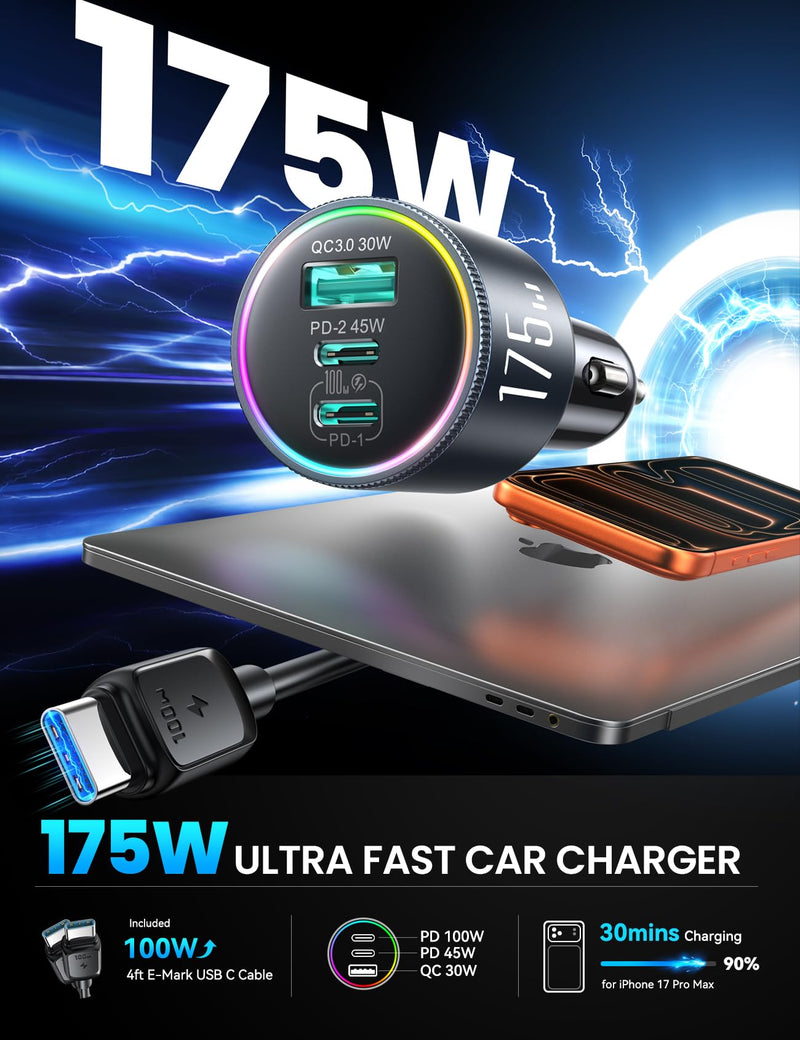 JOYROOM 175W Car Charger USB C Fast Charge, 3-Port Super Fast Car Charger | [GaN] PD100W+PD45W+QC30W, Car Cigarette Lighter USB Charger with 100W USB-C Cable for iPhone, Samsung, Pixel, MacBook, iPad 175W-BLACK