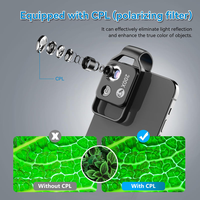 [AUSTRALIA] - APEXEL 200X Phone Microscope Lens, Nano Zoom Phone Micro Lens for iPhone Android with LED Light CPL Universal Clip, Nanozoom Mini Pocket Digital Microscope, Portable Smartphone Macro Lens Camera 