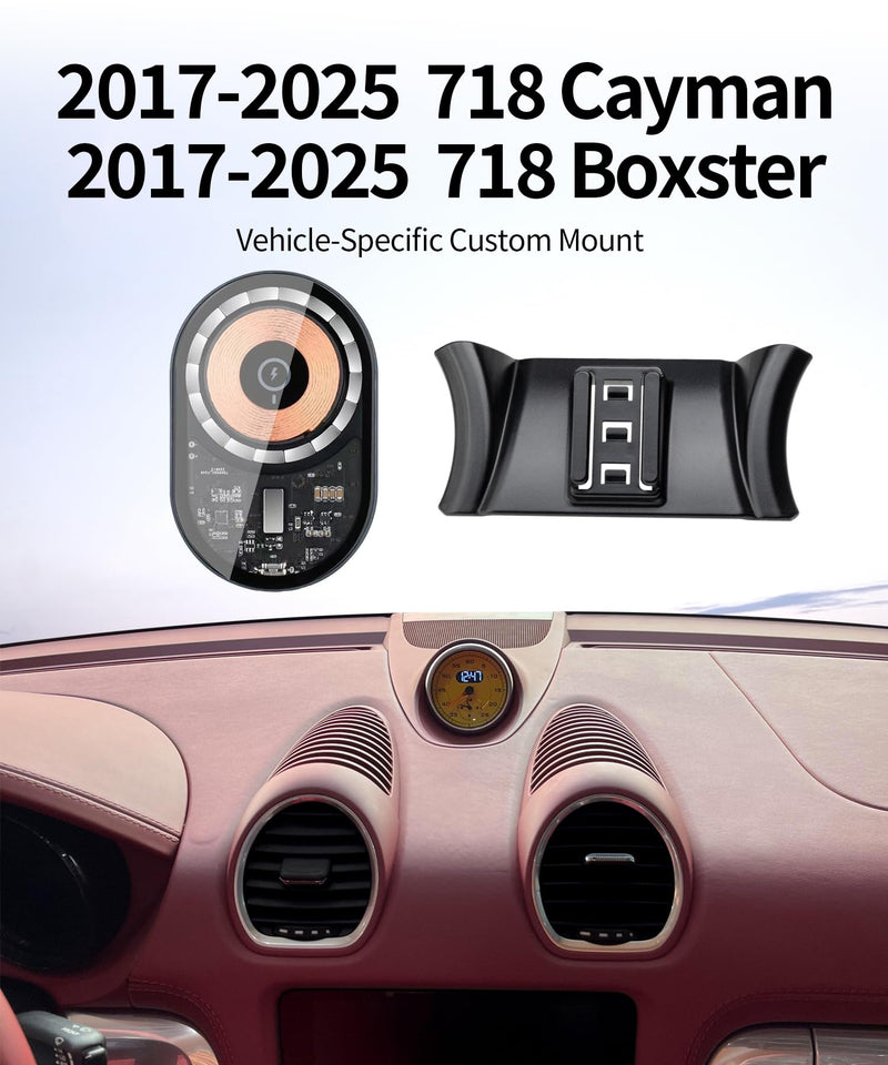 Wireless Charging Car Phone Holder for Porsche 718 Boxster/Cayman 2017-2025 | Magsafe Accessories Fast Charging Magnetic Cell Phone Holder Clip Compatible with iPhone Android, 3D Fit Vehicle Phone Stand