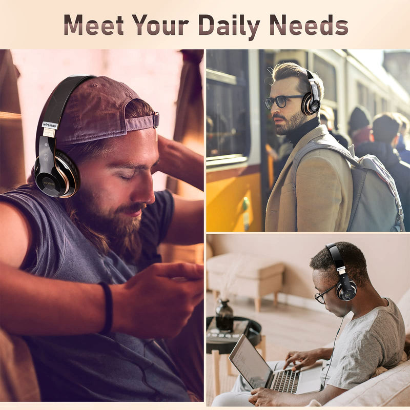 Bluetooth Headphones Over Ear, 6S Wireless Headphones Wired with 6 EQ Modes, 40 Hours Playtime Foldable HiFi Stereo Headset with Microphone, FM/TF for Cellphone/PC/Work (Black & Gold) Black & Gold