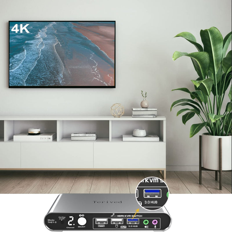 2 Port HDMI USB 3.0 KVM Switch with Aluminum Alloy Shell and Digital Display,Audio/Microphone, 4K@60Hz,hotkey,Auto EDID, HDR10 with Cables 2 Computers 1 HDMI Monitor USB 3.0