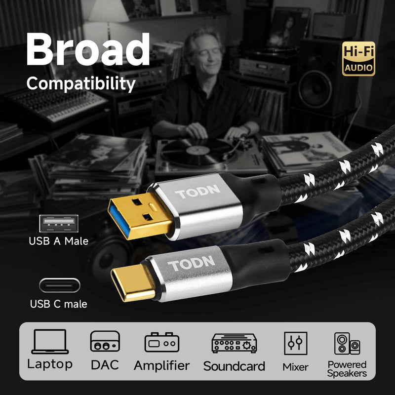 TODN HiFi USB A to USB C Audio Cable 6.5ft 4-Core OFC Shielded for DAC | Audiophile 24K Gold-Plated USB Audio Cable for Laptop/Sound Card/Amplifier/DJ Controller/Car Stereo 6.5ft/2m USB A to USB C Pro