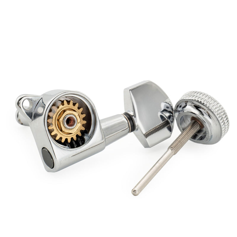 [AUSTRALIA] - Musiclily Pro Left-Handed 6-in-line 18:1 Ratio Full Sealed Locking Machine Heads Tuners Tuning Pegs Keys with Hex Button 45 Degree Screw for Strat Tele Style Electric Guitar, Chrome 6L Chrome 