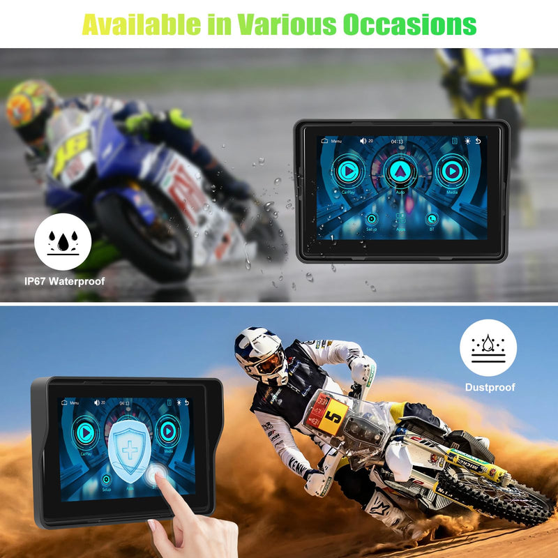 CAMECHO Motorcycle CarPlay Screen, 5" Waterproof Portable Wireless CarPlay Android Auto for Motorbike, Touch Screen Car Stereo Support Dual Bluetooth, Mirror Link, EQ, Siri Voice Control