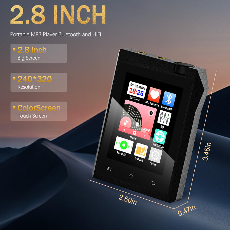 [AUSTRALIA] - 64GB MP3 Player with Bluetooth 5.3, MP3 Player Bluetooth with 2.8'' Touch Screen Digital Music Player with HiFi Sound Voice Recorder, Dual Headphone Jacks, Supports Up to 128GB for Sports Runners MP3 Player M22 64G-Black 