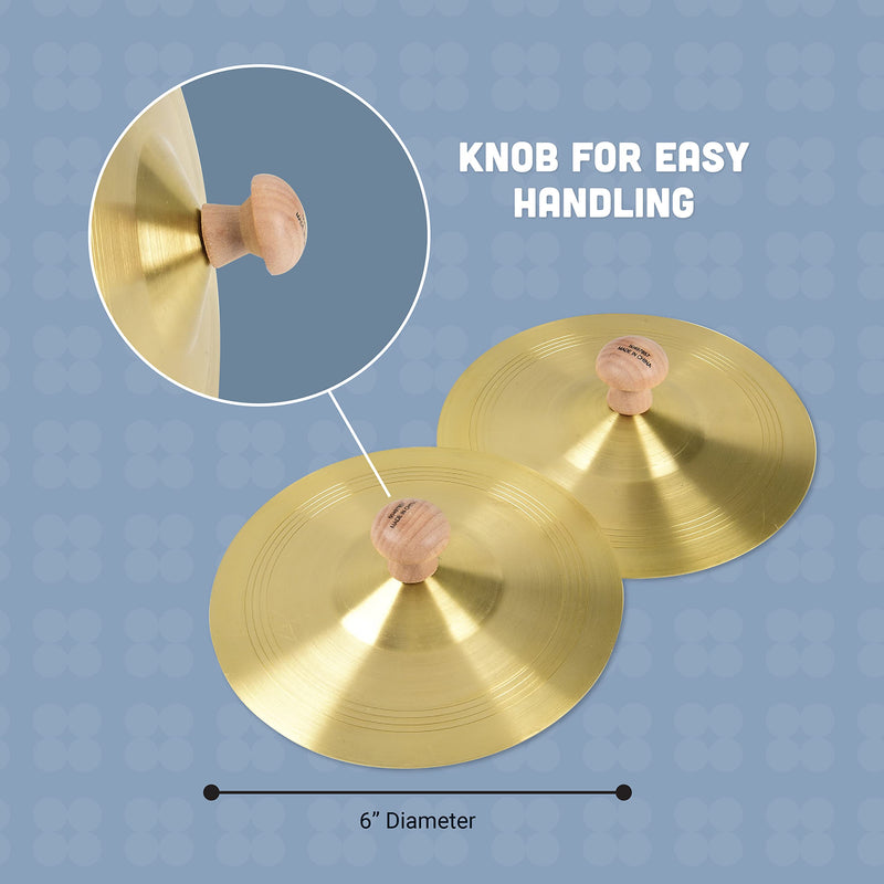 Constructive Playthings 6 in. Fine Polished Brass Finger Cymbals for Rhythm Band with Attached Knobs, Kids Instruments Teach Tempo and Keeping a Beat, Toddler Toys for 3 Years and Older