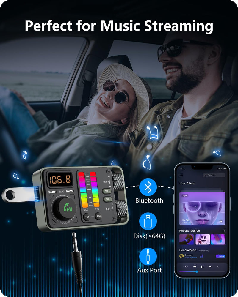 [AUSTRALIA] - LENCENT Bluetooth Car Adapter, Bluetooth 5.3 FM Radio Transmitter with Hi-Fi Treble & Bass Music Player, PD20W and QC18W Fast Charger, Dual Mics for Hands-Free Call, Siri & Google, U Disk/3.5mm AUX 