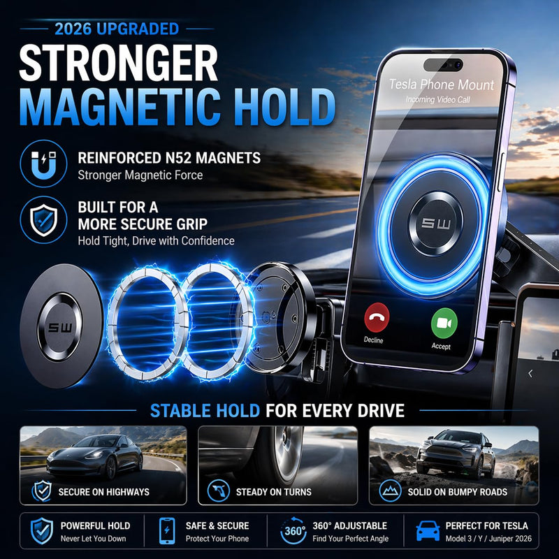 Tesla Phone Mount Strong Magnetic Holder | 2026 Upgraded, Model 3/Y/S/X
