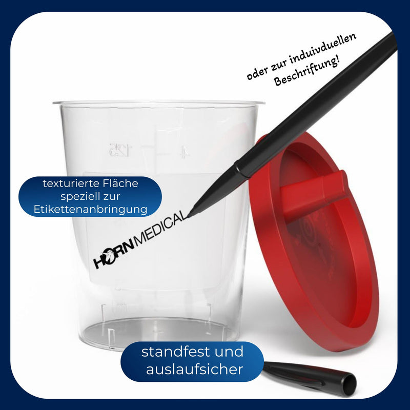 Horn Medical Urine Cup / Sample Cup with Snap Closure 150 ml Capacity, Size Chart up to 125 ml/4 oz, Can Be Written On (25) 25