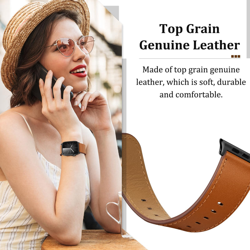 Compatible with Apple Watch Bands 42mm (Series 10) 41mm 40mm 38mm for Men Women, Top Grain Genuine Leather Band Strap Wristband for iWatch, Black/Black+Retro Brown/Black