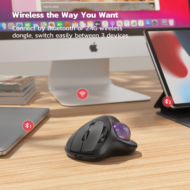 Nulea Wireless Trackball Mouse, Rechargeable Ergonomic, Easy Thumb Control, Precise & Smooth, 3 Device Compatible, Bluetooth or USB C-Purple