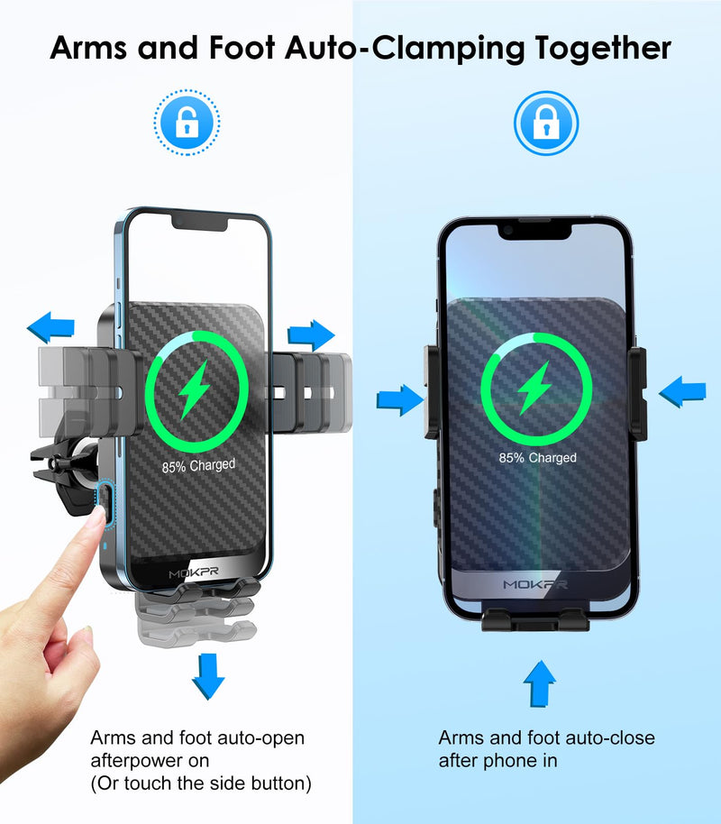 Wireless Car Charger 15W Fast Charging Auto-Clamping Air Vent Phone Mount | Cell Phone Holder Car Charger Compatible with iPhone 17 16 15/14/13/13 Pro/12 pro/12, for Samsung Galaxy Series Black