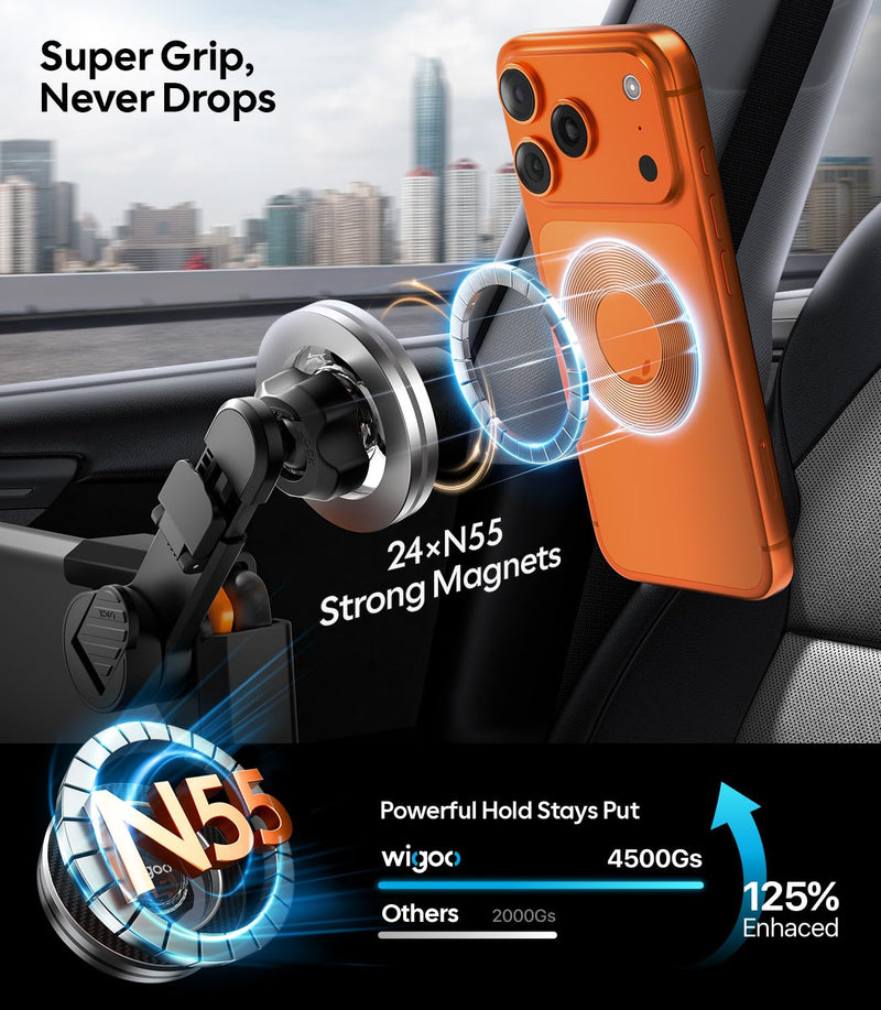 Wigoo for Tesla Model 3/Y/YL Accessories Magnet Phone Mount, Extendable Arm | Strongest Magnet, No View Blocking, No Glue, Screen Side Holder, Provide Magnetic Ring for MagSafe iPhone 17-12 & Android