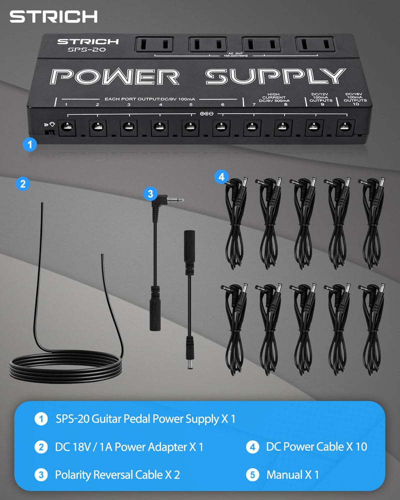 [AUSTRALIA] - STRICH SPS-20 Guitar Power Supply 10 Isolated DC Output for 9V/12V/18V Effect Pedal 